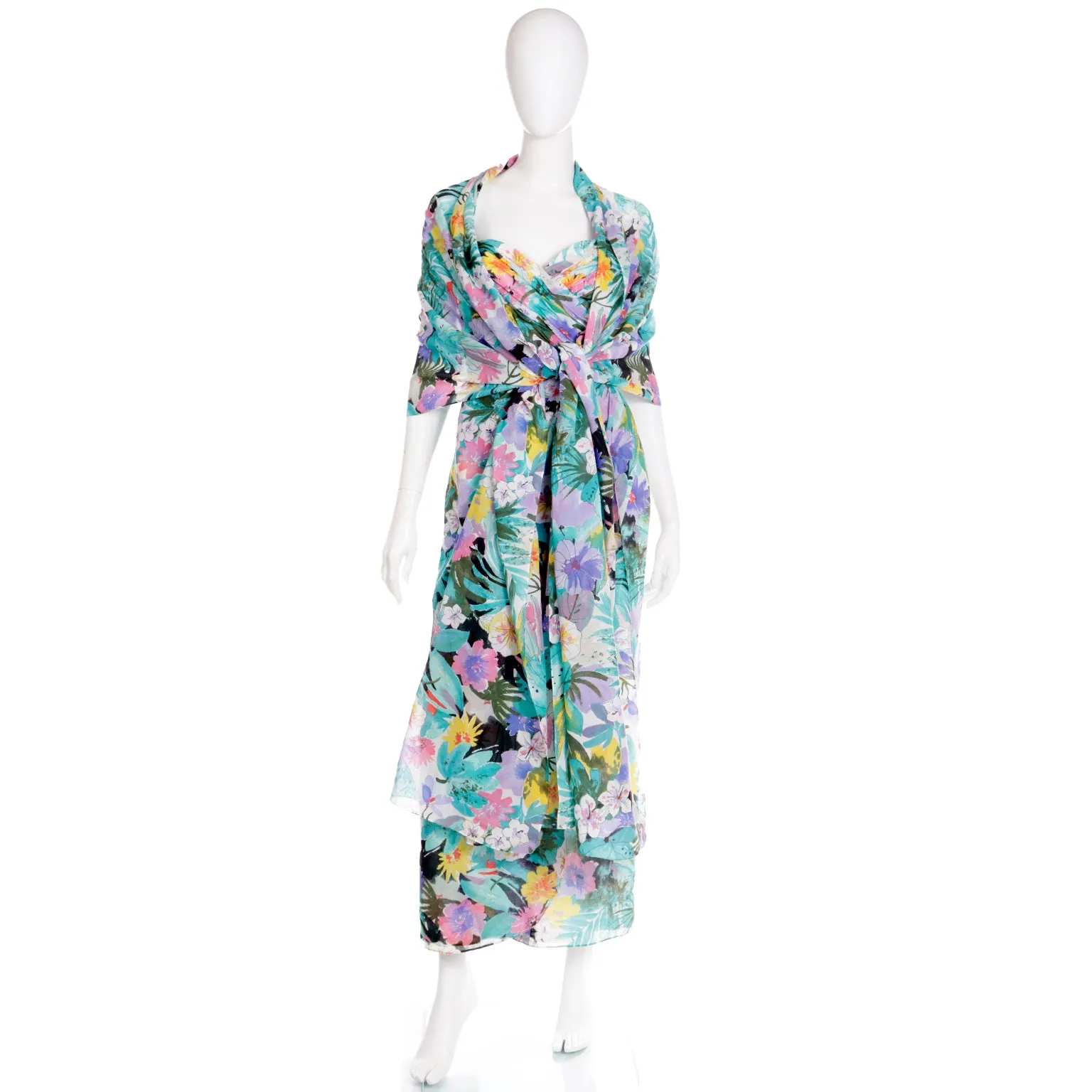 1980s Victor Costa Floral Strapless Evening Dress w Wrap Scarf