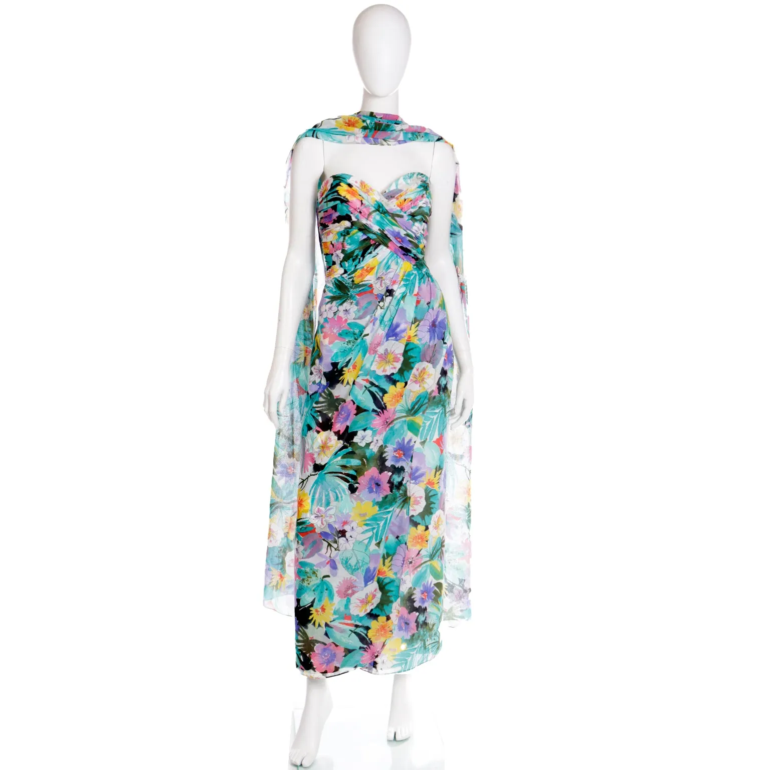 1980s Victor Costa Floral Strapless Evening Dress w Wrap Scarf