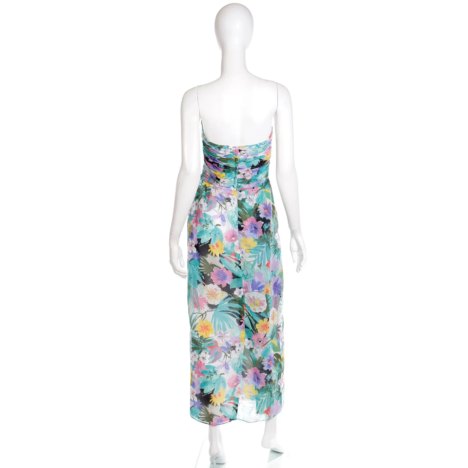 1980s Victor Costa Floral Strapless Evening Dress w Wrap Scarf