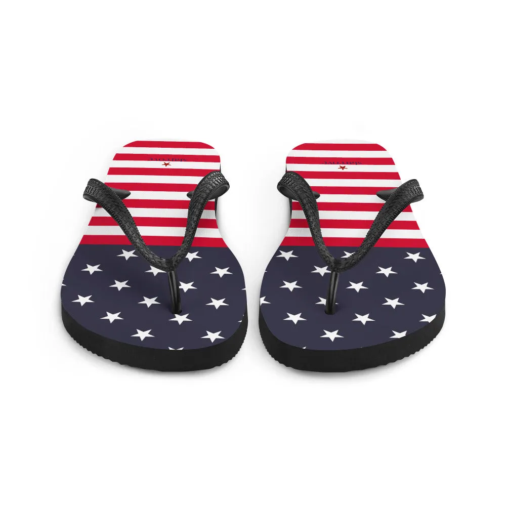 American Flag Flip Flops, Patriotic USA Red White Blue Stars Stripes Thong Sandals Woman Men Beach Print Rubber Slip On Shoes