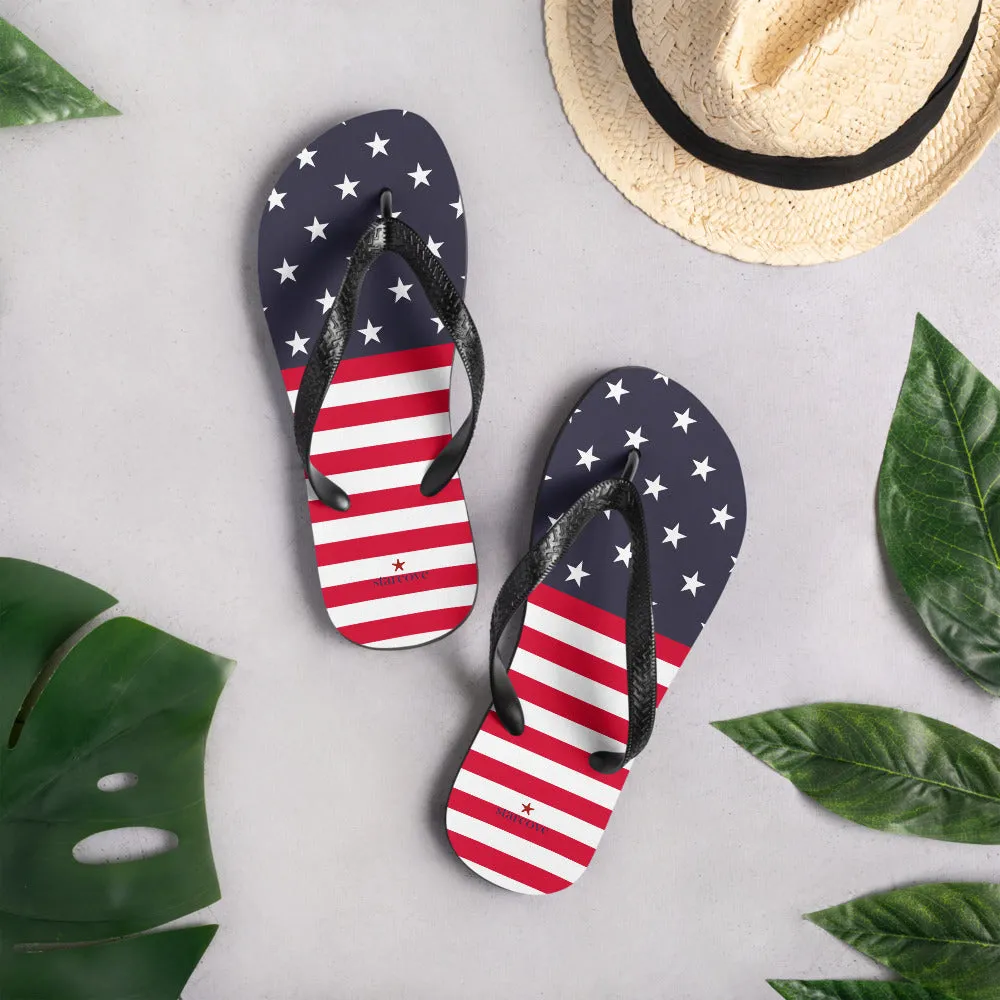 American Flag Flip Flops, Patriotic USA Red White Blue Stars Stripes Thong Sandals Woman Men Beach Print Rubber Slip On Shoes