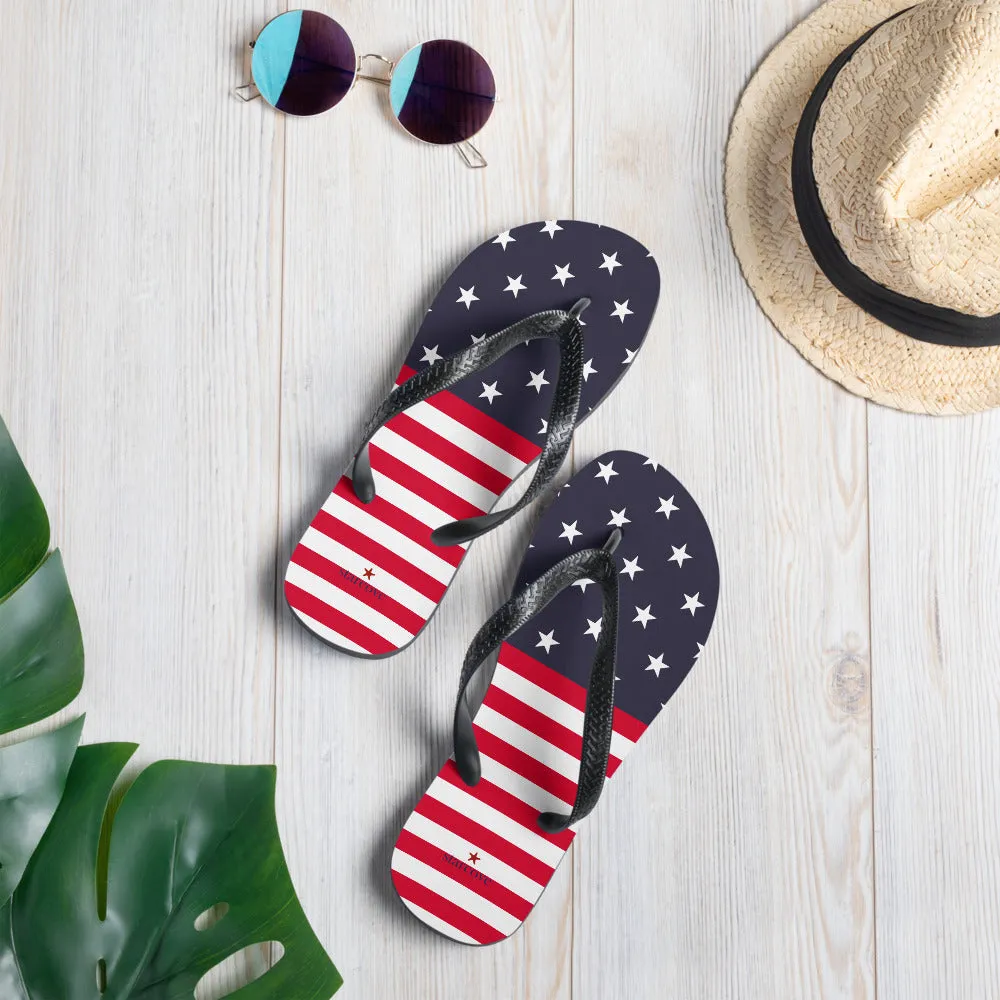 American Flag Flip Flops, Patriotic USA Red White Blue Stars Stripes Thong Sandals Woman Men Beach Print Rubber Slip On Shoes