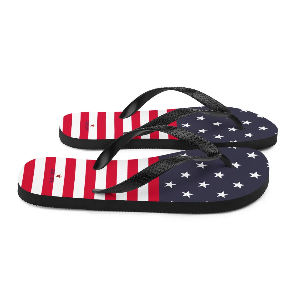 American Flag Flip Flops, Patriotic USA Red White Blue Stars Stripes Thong Sandals Woman Men Beach Print Rubber Slip On Shoes