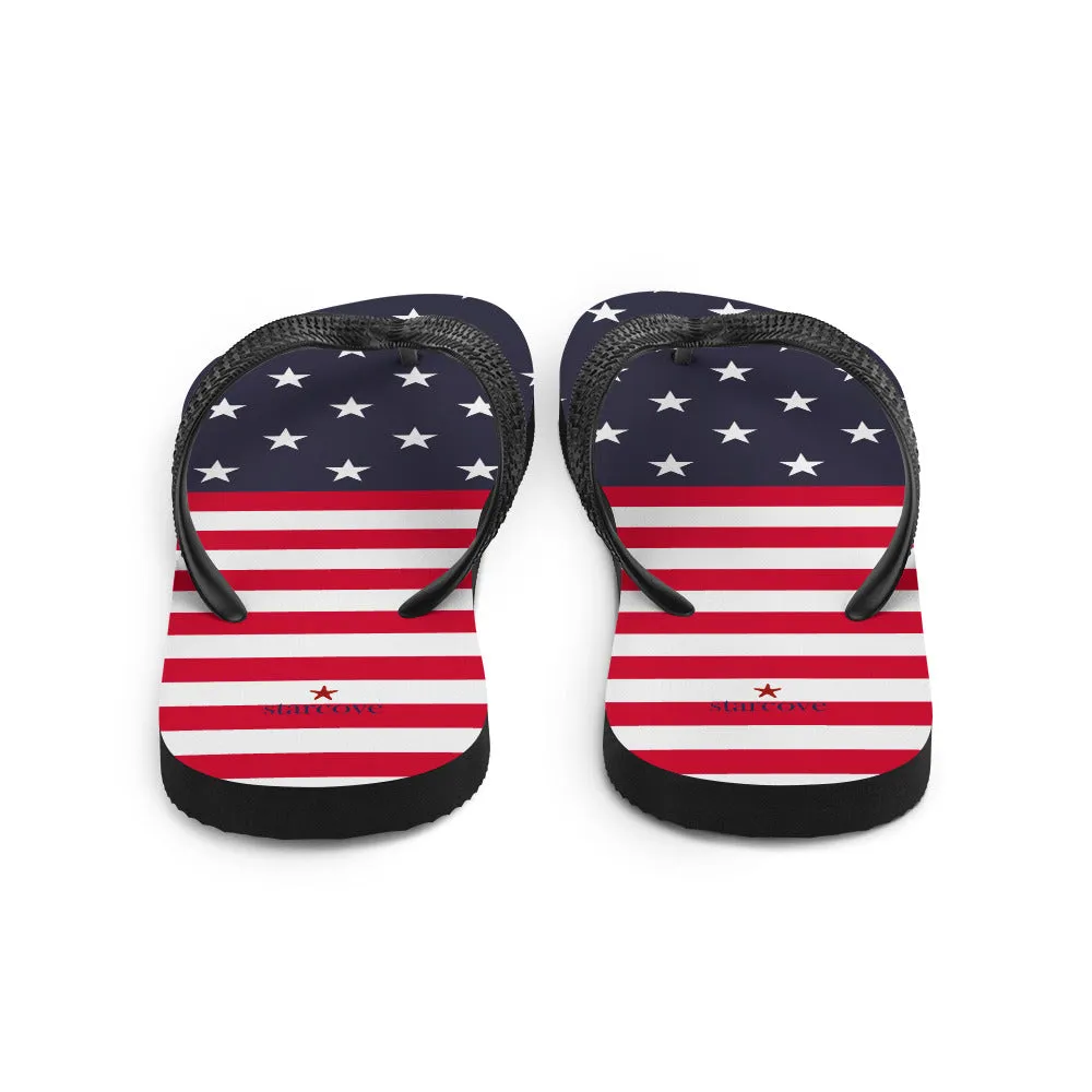 American Flag Flip Flops, Patriotic USA Red White Blue Stars Stripes Thong Sandals Woman Men Beach Print Rubber Slip On Shoes