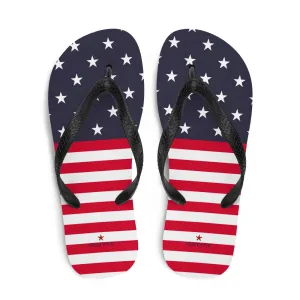 American Flag Flip Flops, Patriotic USA Red White Blue Stars Stripes Thong Sandals Woman Men Beach Print Rubber Slip On Shoes