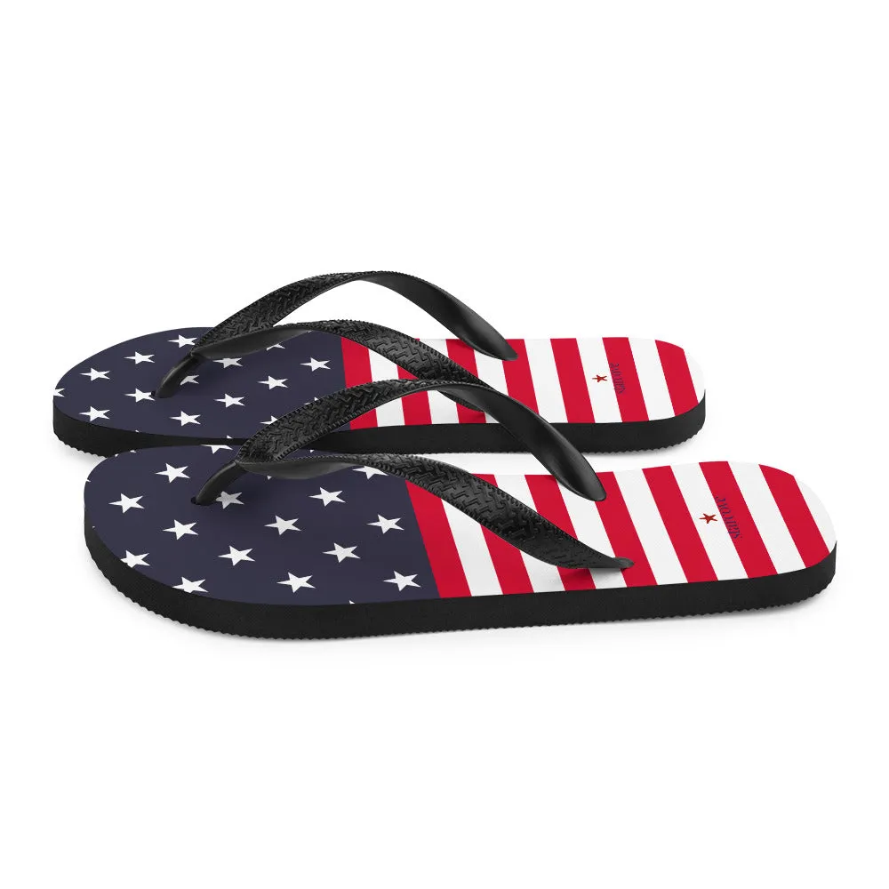 American Flag Flip Flops, Patriotic USA Red White Blue Stars Stripes Thong Sandals Woman Men Beach Print Rubber Slip On Shoes