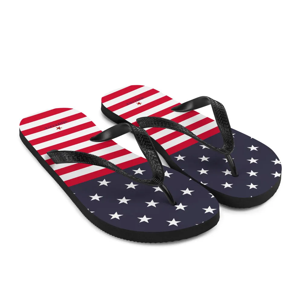 American Flag Flip Flops, Patriotic USA Red White Blue Stars Stripes Thong Sandals Woman Men Beach Print Rubber Slip On Shoes