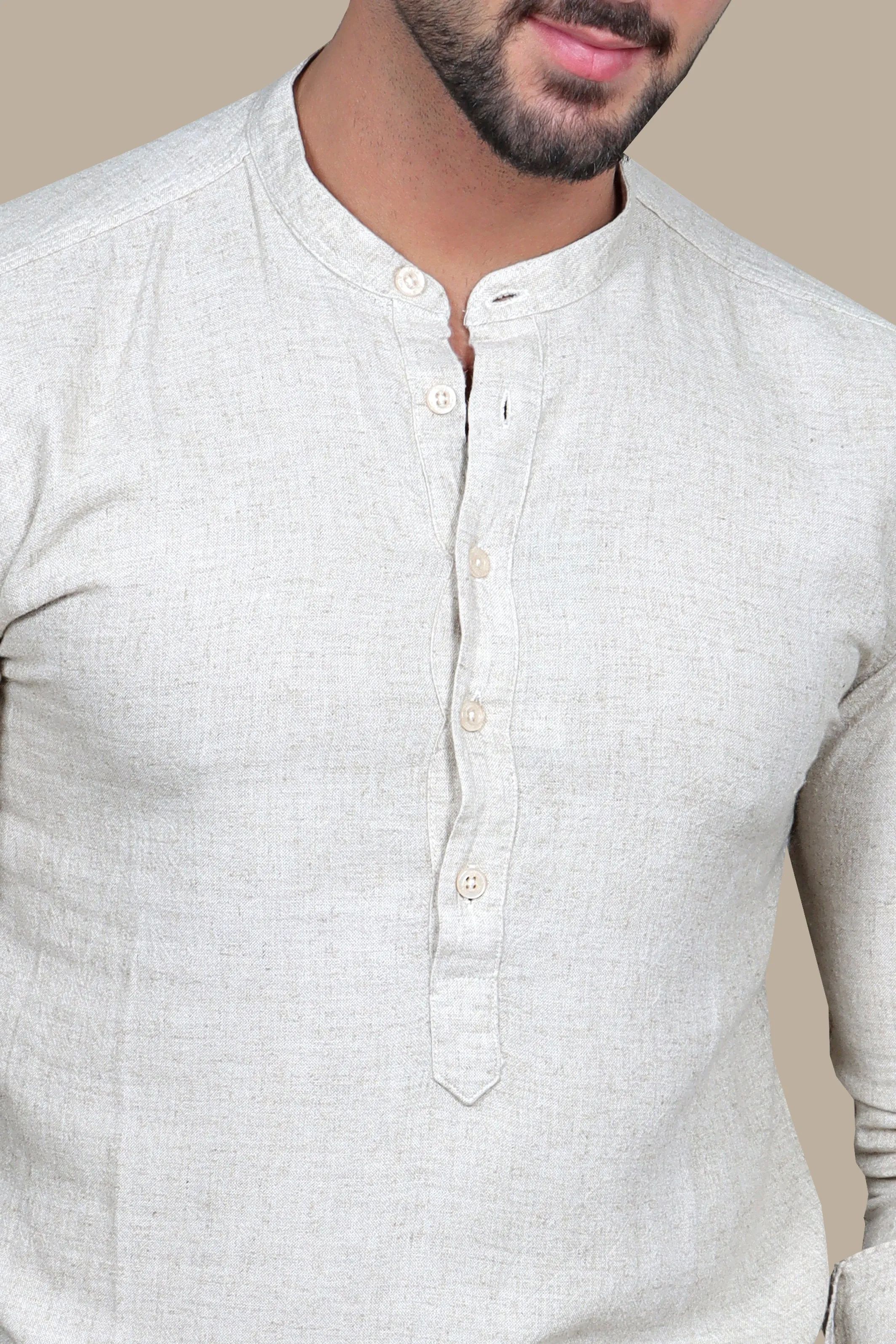 Beige Bliss: Linen Long Sleeve Shirt with Mandarin Collar