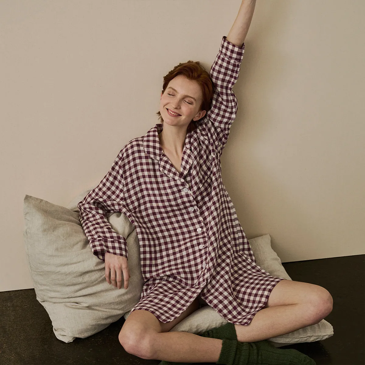 Berry Gingham Linen Night Shirt