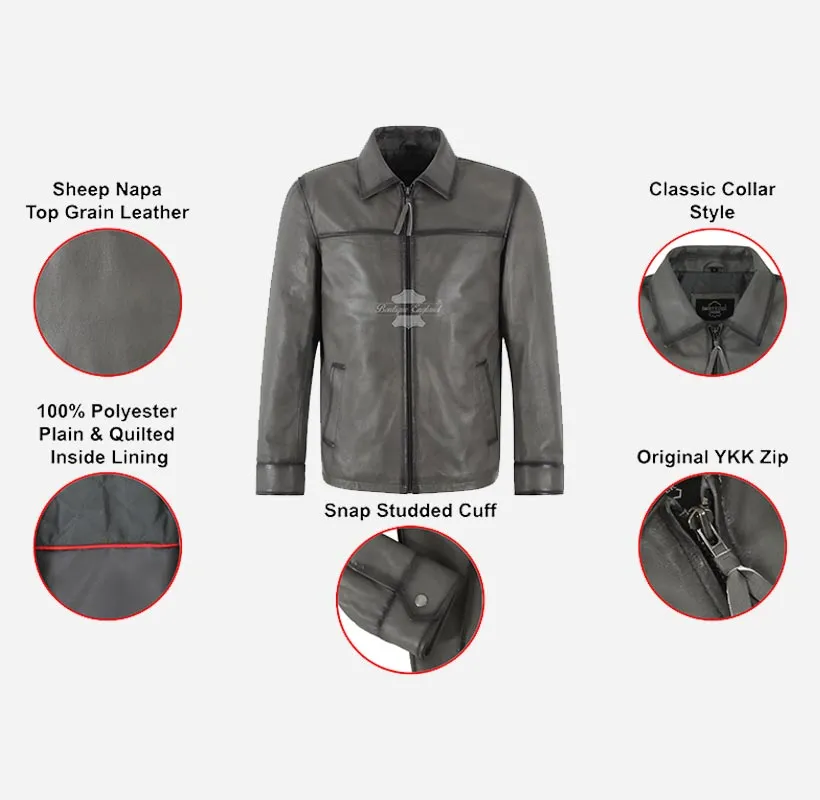 BRIAR Men's Collared Leather Jacket In Charcoal Grey with Wax