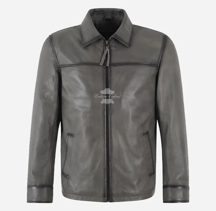 BRIAR Men's Collared Leather Jacket In Charcoal Grey with Wax