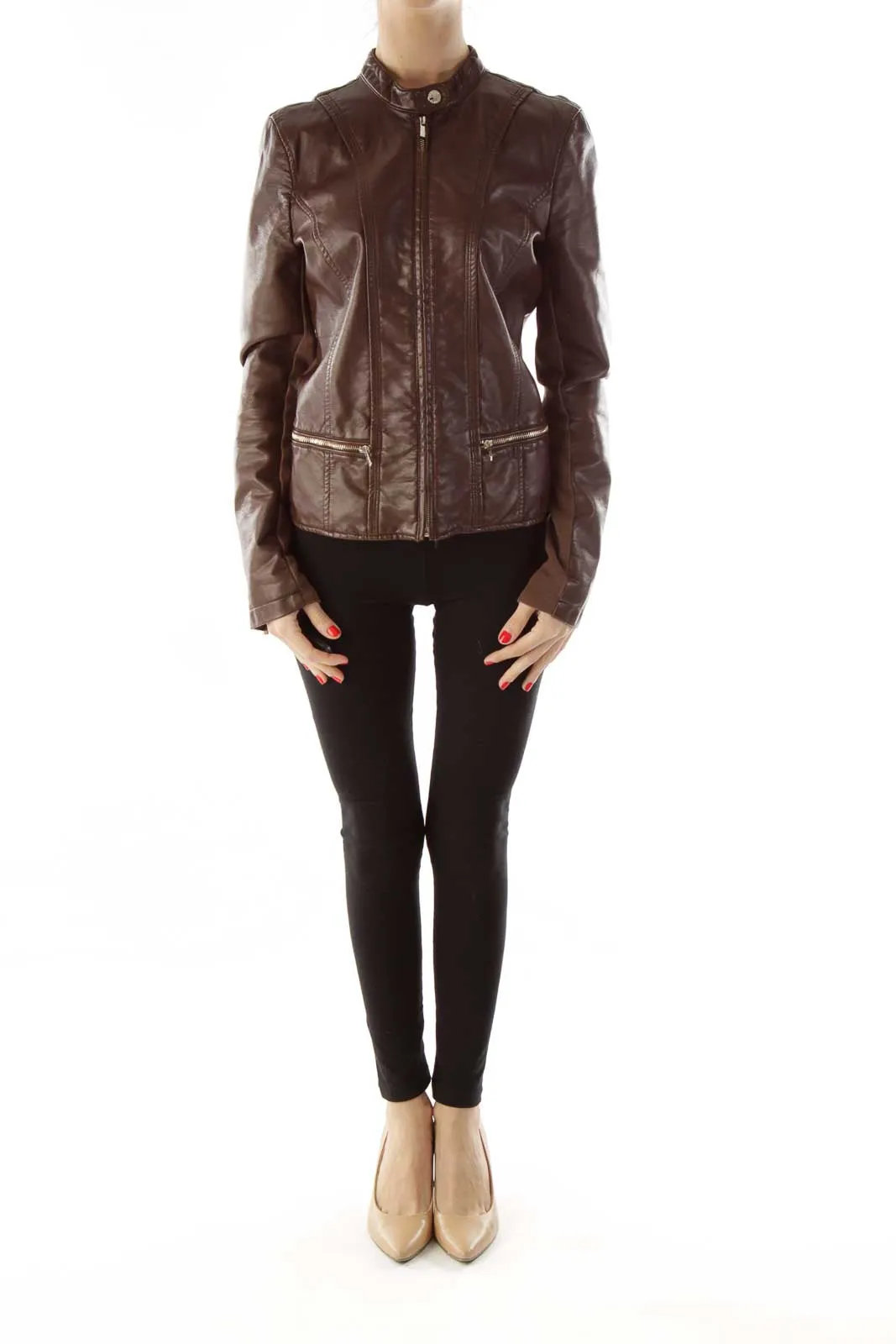 Brown Gold Zipper Leather Jacket