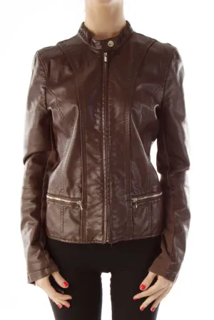 Brown Gold Zipper Leather Jacket