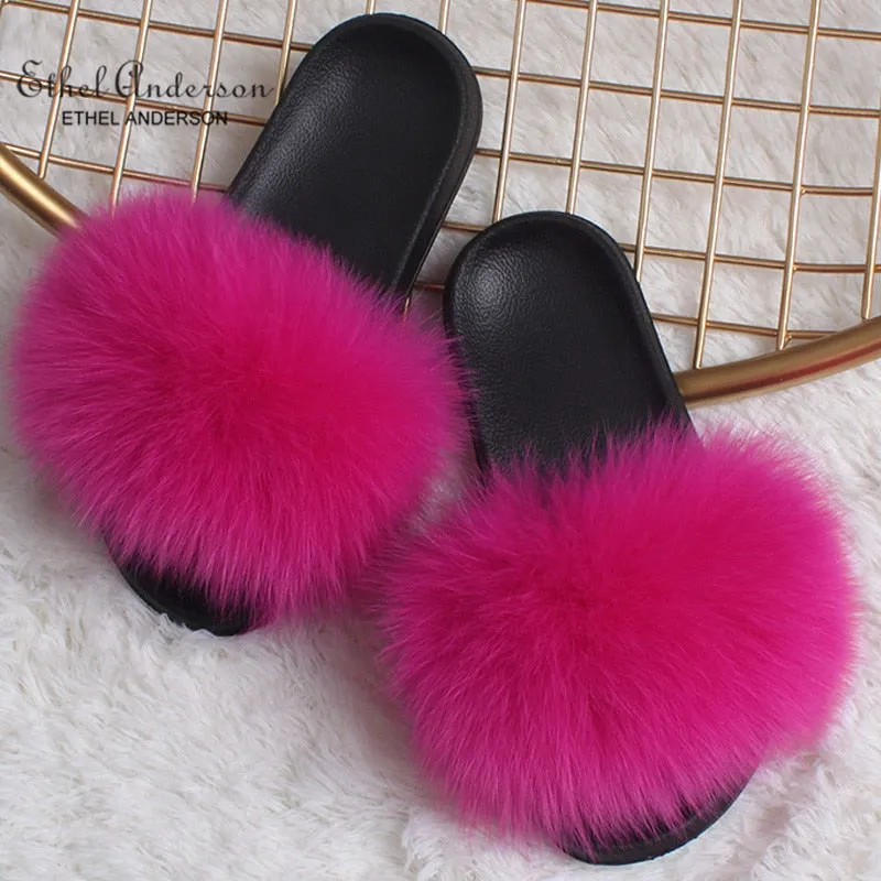 Casual Fox Fur Slides Indoor Flip Flops Fluffy Slippers