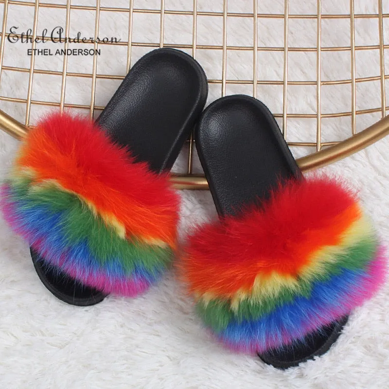 Casual Fox Fur Slides Indoor Flip Flops Fluffy Slippers