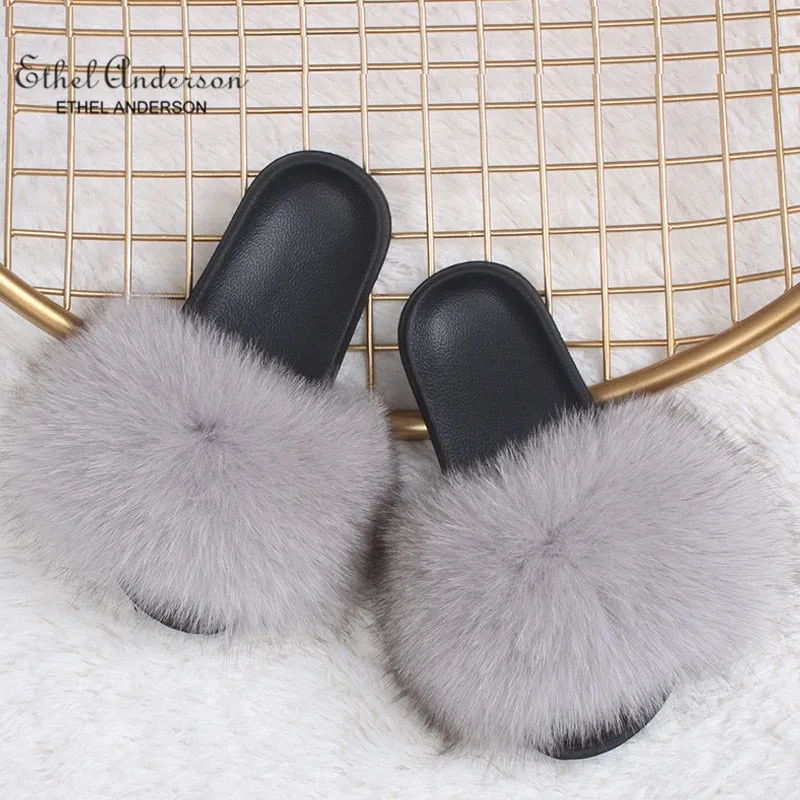 Casual Fox Fur Slides Indoor Flip Flops Fluffy Slippers