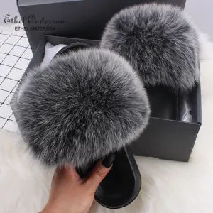 Casual Fox Fur Slides Indoor Flip Flops Fluffy Slippers