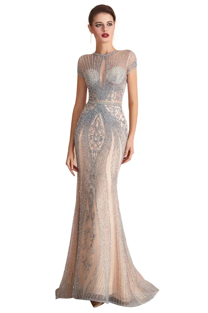 Charming Cap Sleeve Beading Mermaid Prom Dress Crew Neck Evening Party Gown