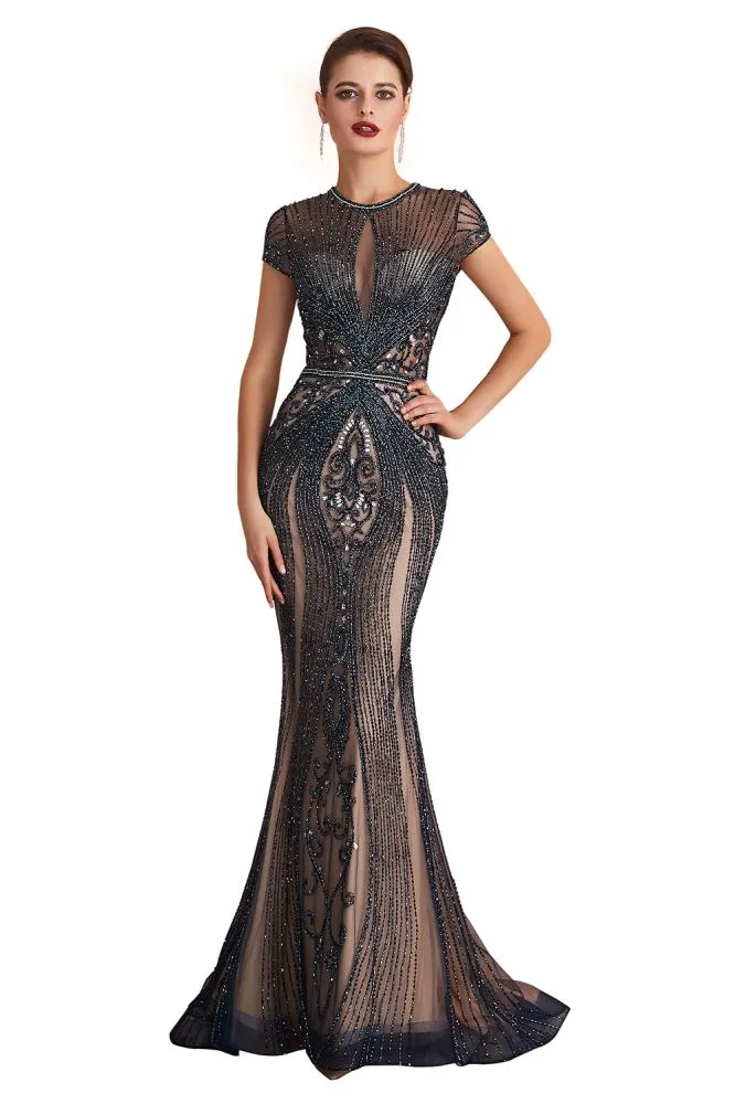 Charming Cap Sleeve Beading Mermaid Prom Dress Crew Neck Evening Party Gown