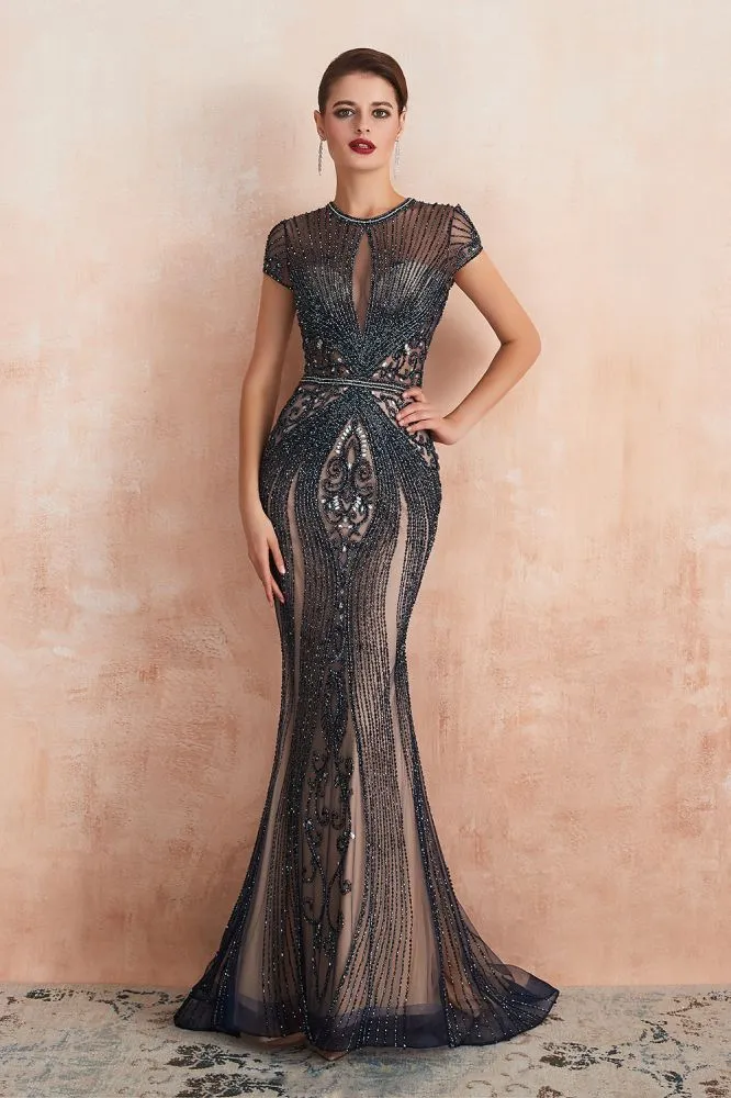 Charming Cap Sleeve Beading Mermaid Prom Dress Crew Neck Evening Party Gown