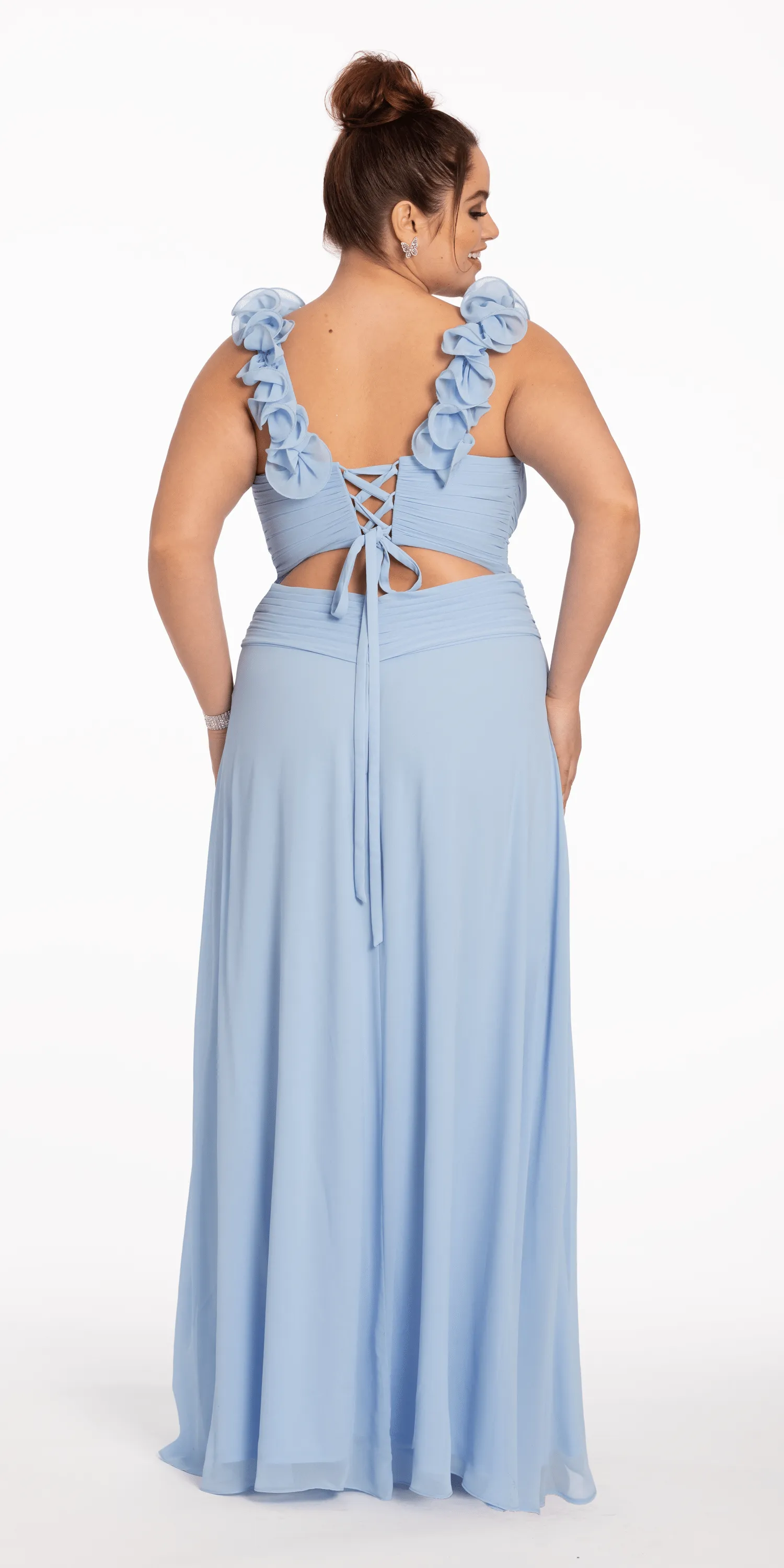 Chiffon Ruffle Shoulder Lace Up Back Column Dress