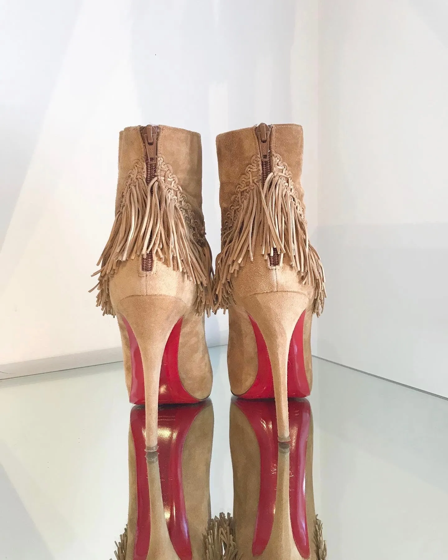 CHRISTIAN LOUBOUTIN ROM 120 Fringe Platform Suede High Heel Ankle Boots