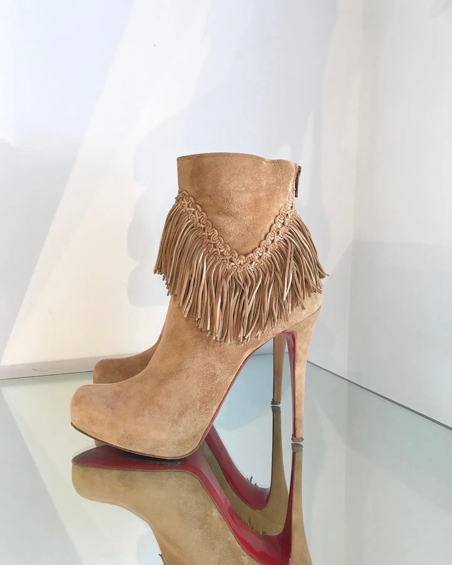 CHRISTIAN LOUBOUTIN ROM 120 Fringe Platform Suede High Heel Ankle Boots