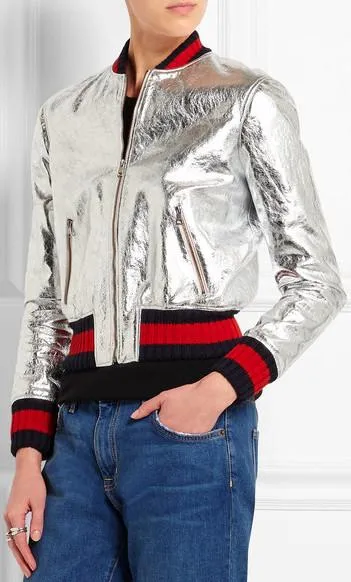 Crackle Leather Metallic Bomber Jacket-Silver