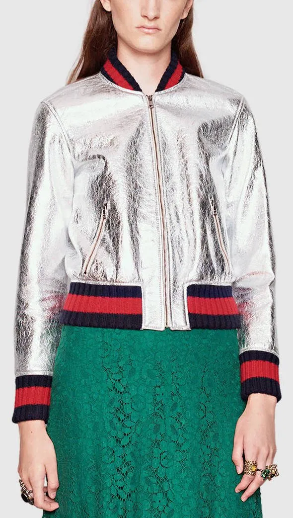 Crackle Leather Metallic Bomber Jacket-Silver