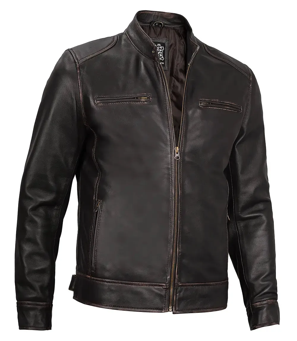 Dodge Mens Rub-off Dark Brown Leather Cafe Racer Jacket