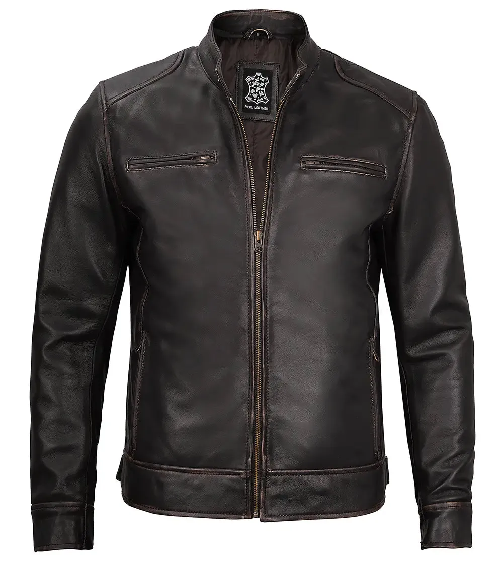 Dodge Mens Rub-off Dark Brown Leather Cafe Racer Jacket