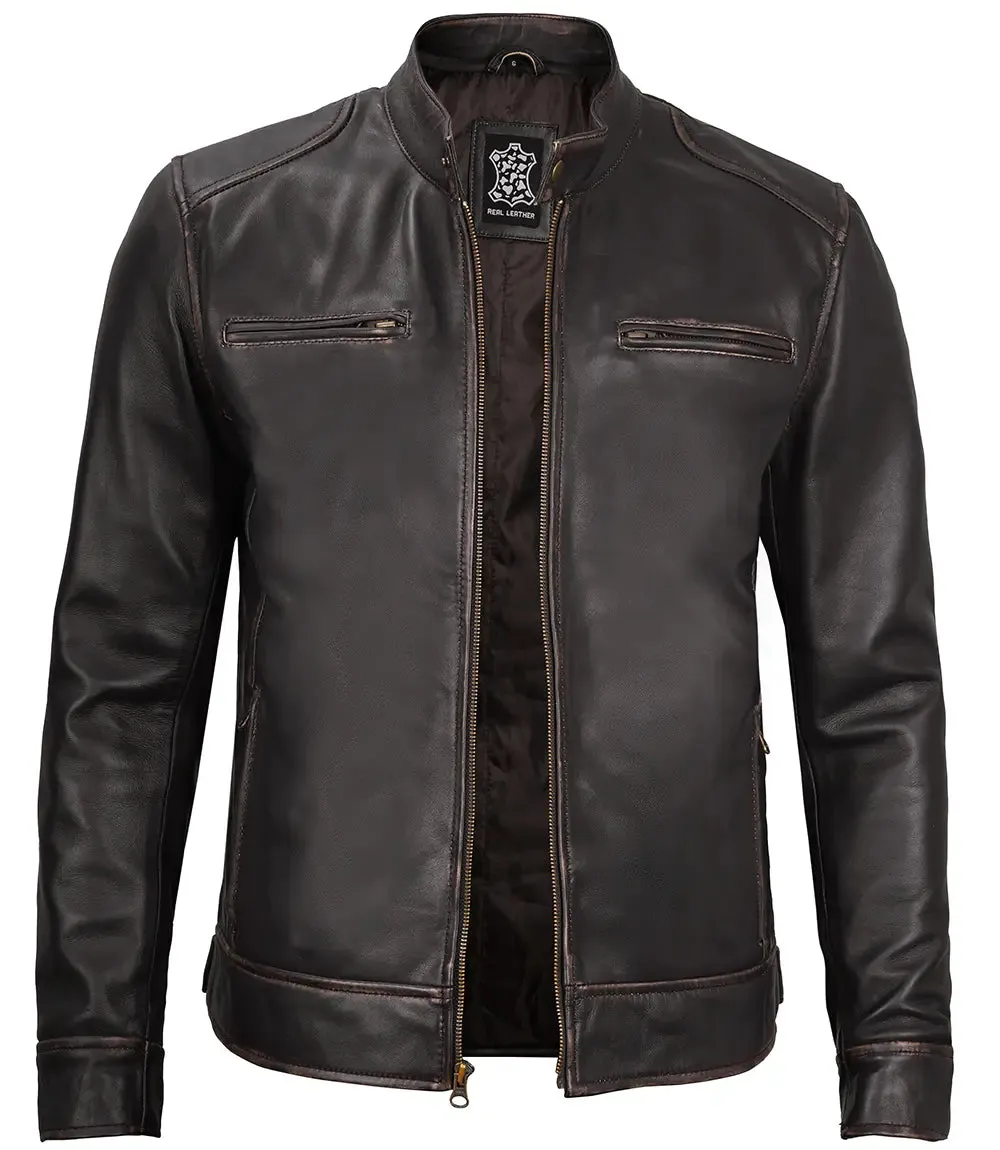 Dodge Mens Rub-off Dark Brown Leather Cafe Racer Jacket