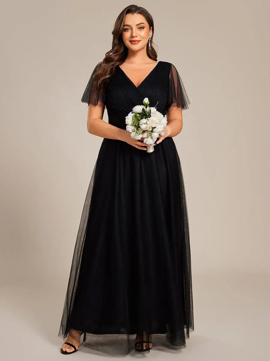 Double V-Neck Floor-Length Short Sleeve Tulle Bridesmaid Dresses