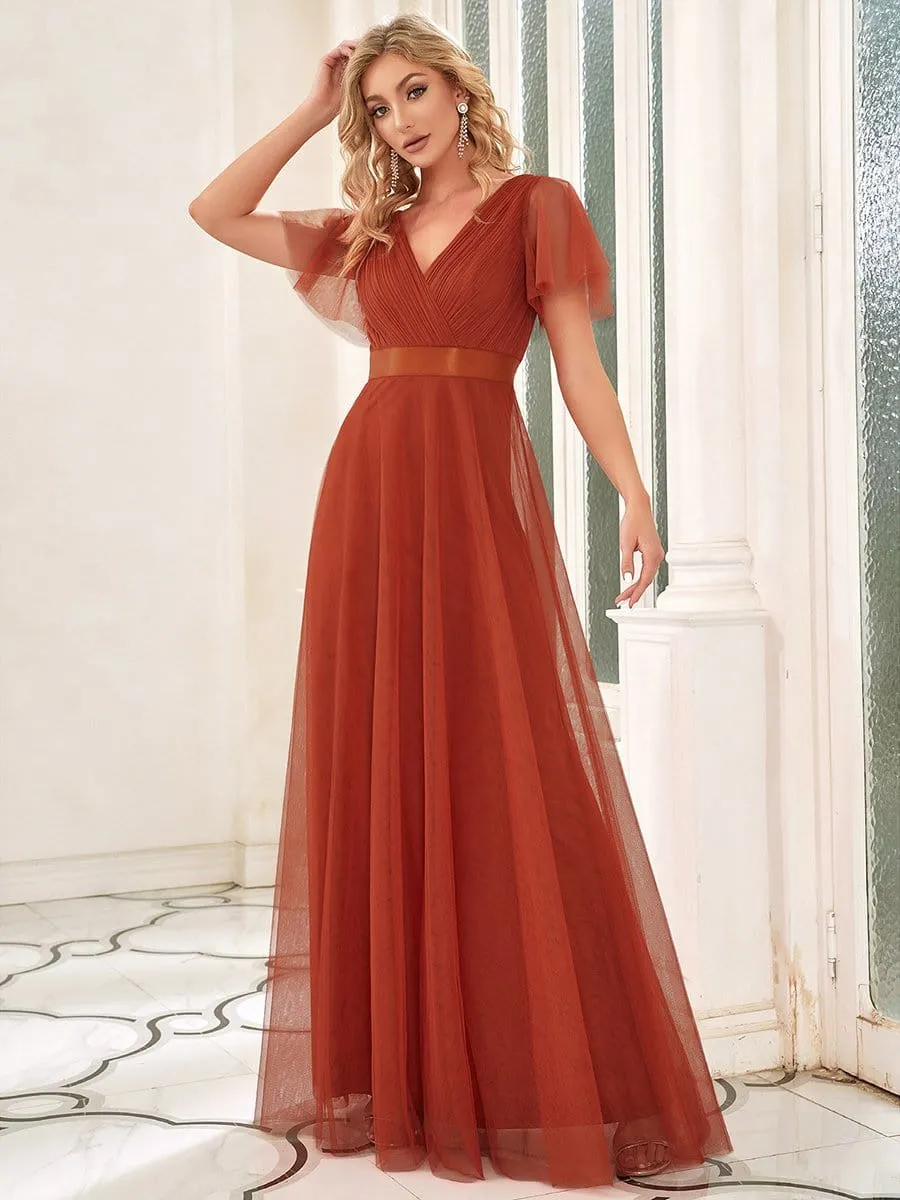 Double V-Neck Floor-Length Short Sleeve Tulle Bridesmaid Dresses