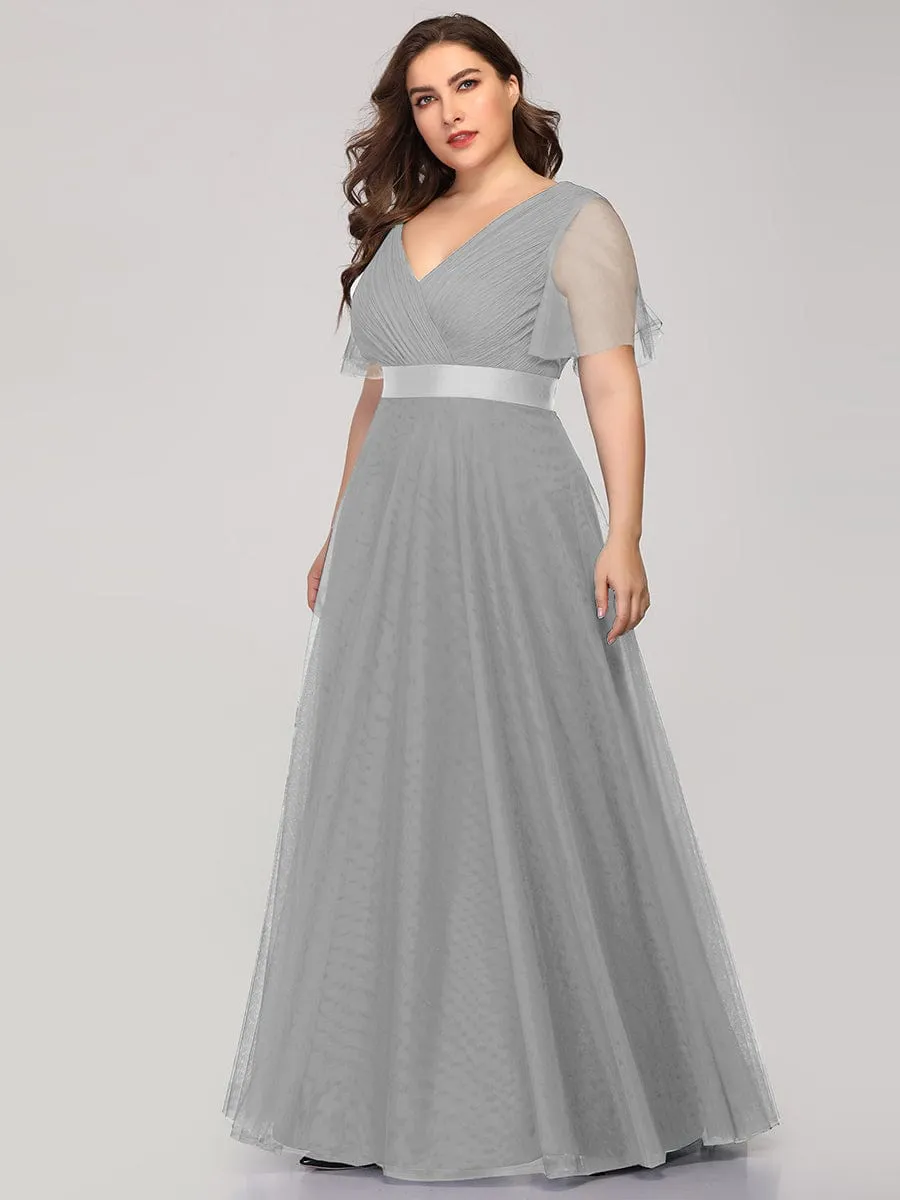 Double V-Neck Floor-Length Short Sleeve Tulle Bridesmaid Dresses