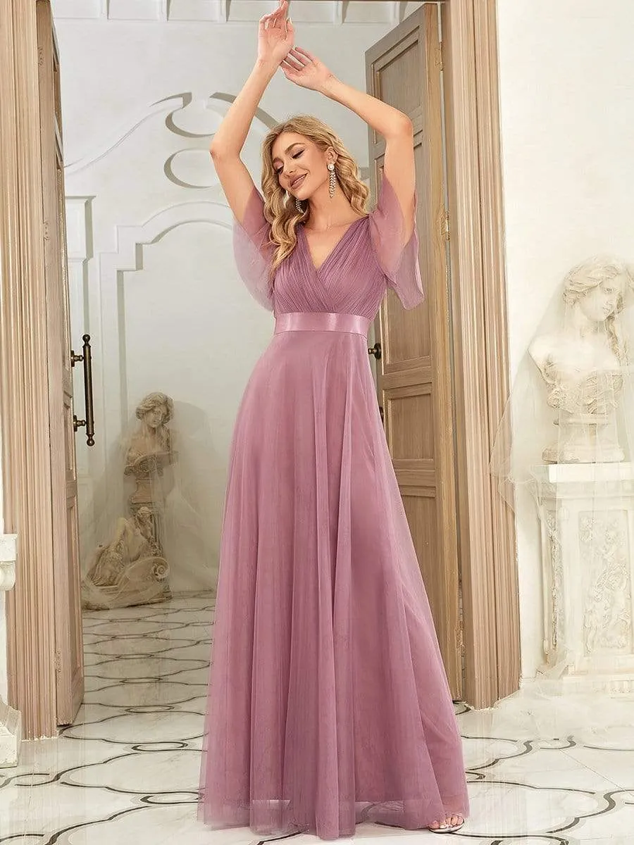 Double V-Neck Floor-Length Short Sleeve Tulle Bridesmaid Dresses