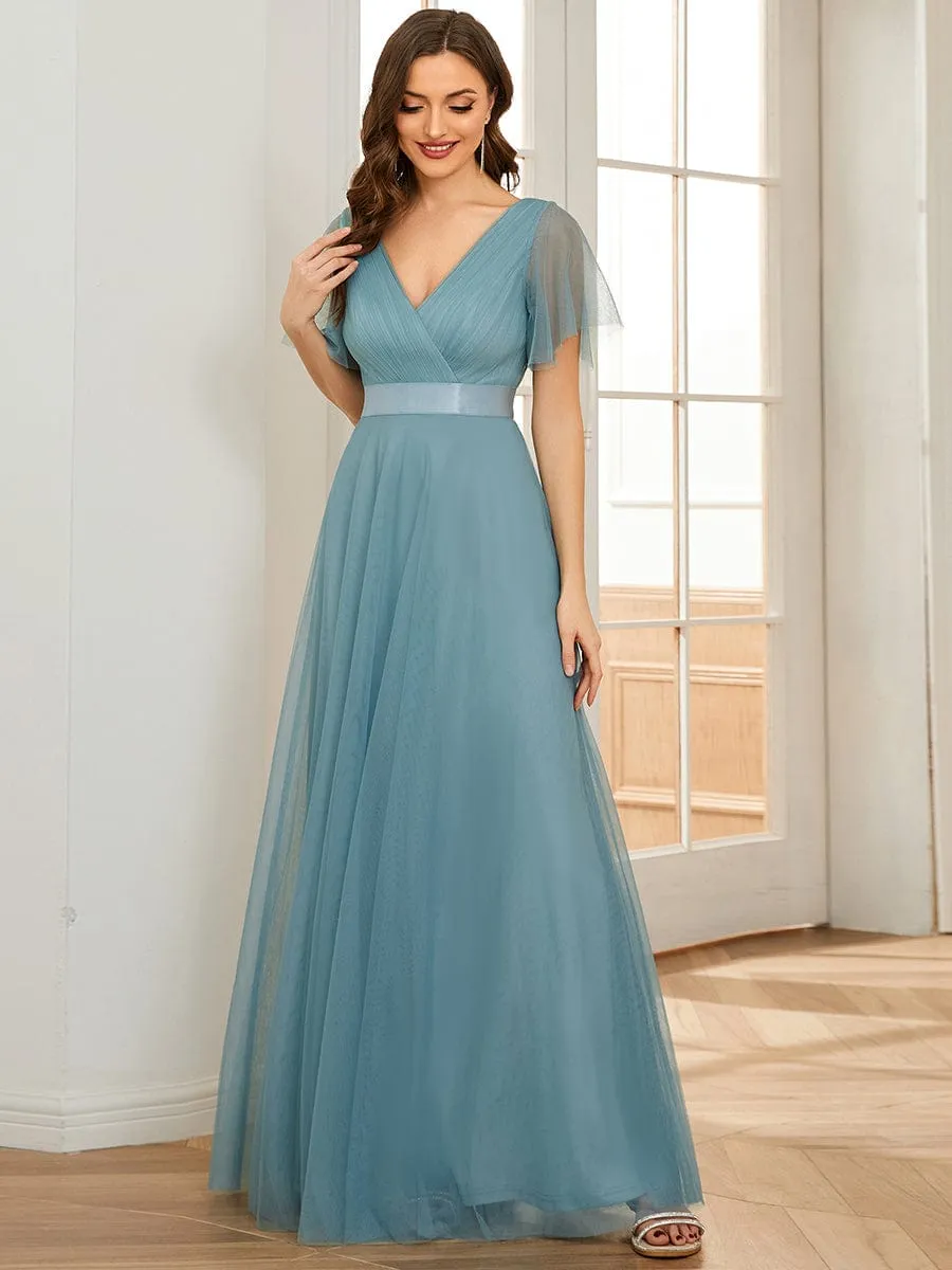 Double V-Neck Floor-Length Short Sleeve Tulle Bridesmaid Dresses