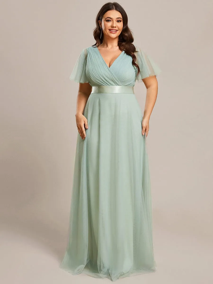 Double V-Neck Floor-Length Short Sleeve Tulle Bridesmaid Dresses