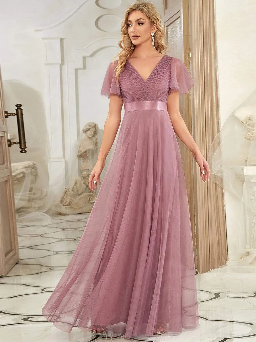 Double V-Neck Floor-Length Short Sleeve Tulle Bridesmaid Dresses