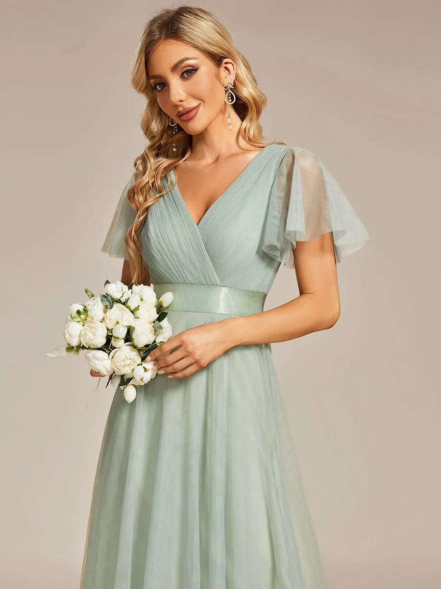 Double V-Neck Floor-Length Short Sleeve Tulle Bridesmaid Dresses