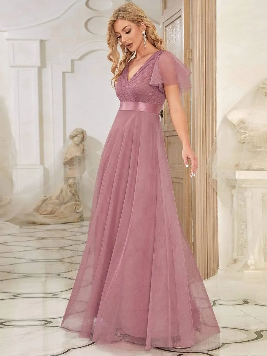 Double V-Neck Floor-Length Short Sleeve Tulle Bridesmaid Dresses