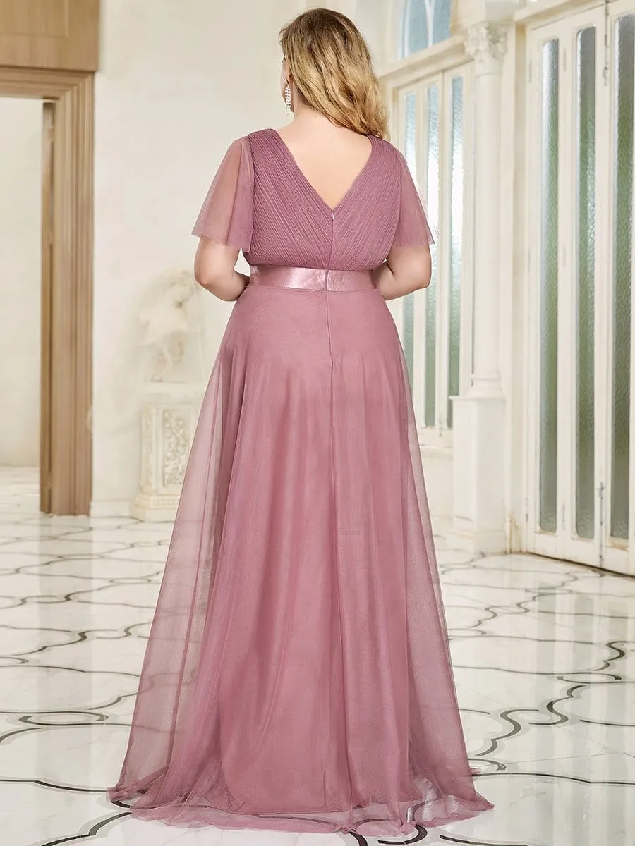 Double V-Neck Floor-Length Short Sleeve Tulle Bridesmaid Dresses