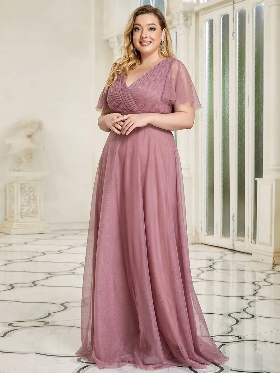 Double V-Neck Floor-Length Short Sleeve Tulle Bridesmaid Dresses