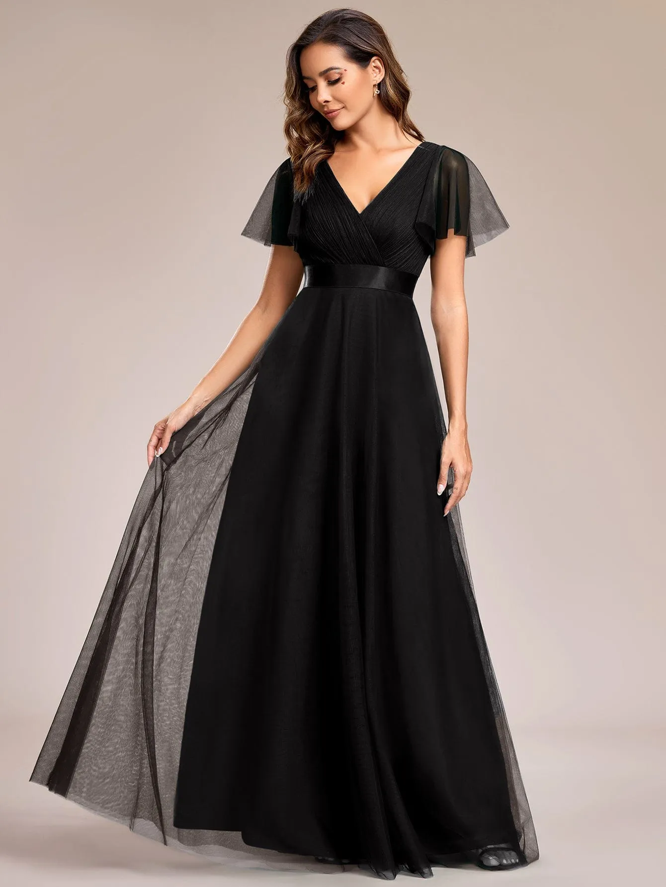 Double V-Neck Floor-Length Short Sleeve Tulle Bridesmaid Dresses