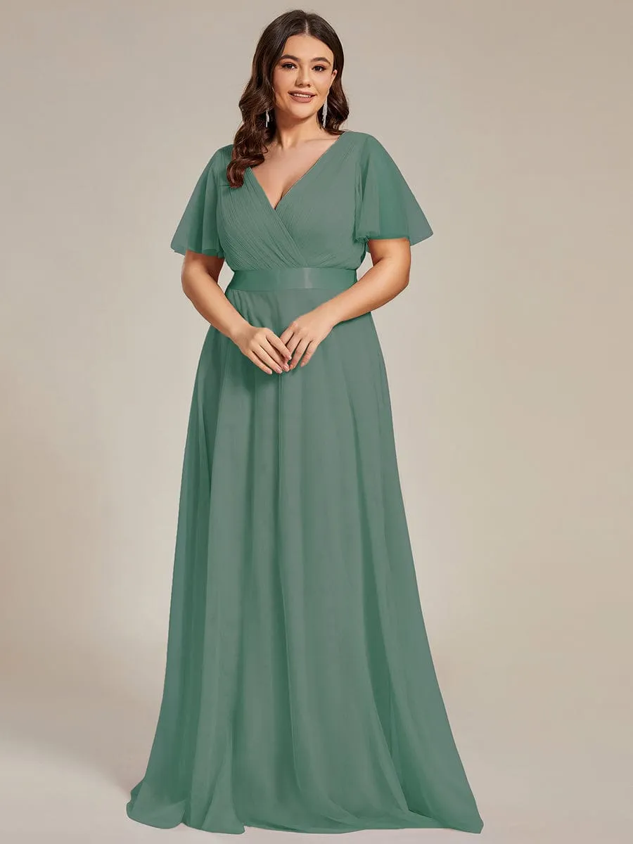 Double V-Neck Floor-Length Short Sleeve Tulle Bridesmaid Dresses