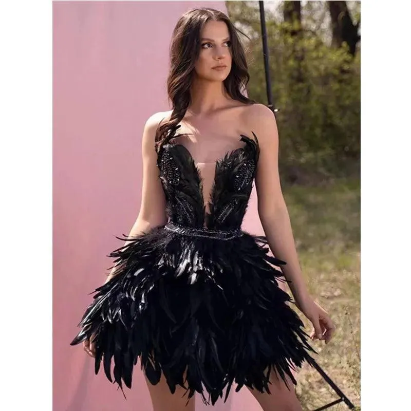 Elegant Black Feather Strapless Gown for Women