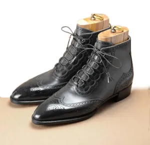 Elegant Handmade Men’s Ankle High Leather Wing Tip Brogue Boots, Men’s Black Color Lace Up Boots