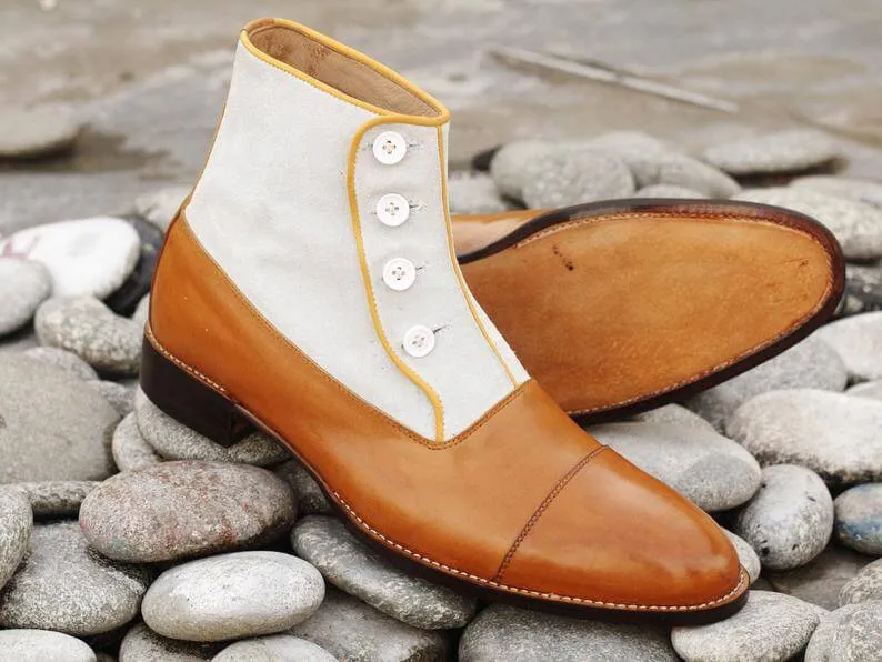 Elegant Handmade Men's Tan White Leather Suede Cap Toe Button Boots, Men Ankle Fashion Boots