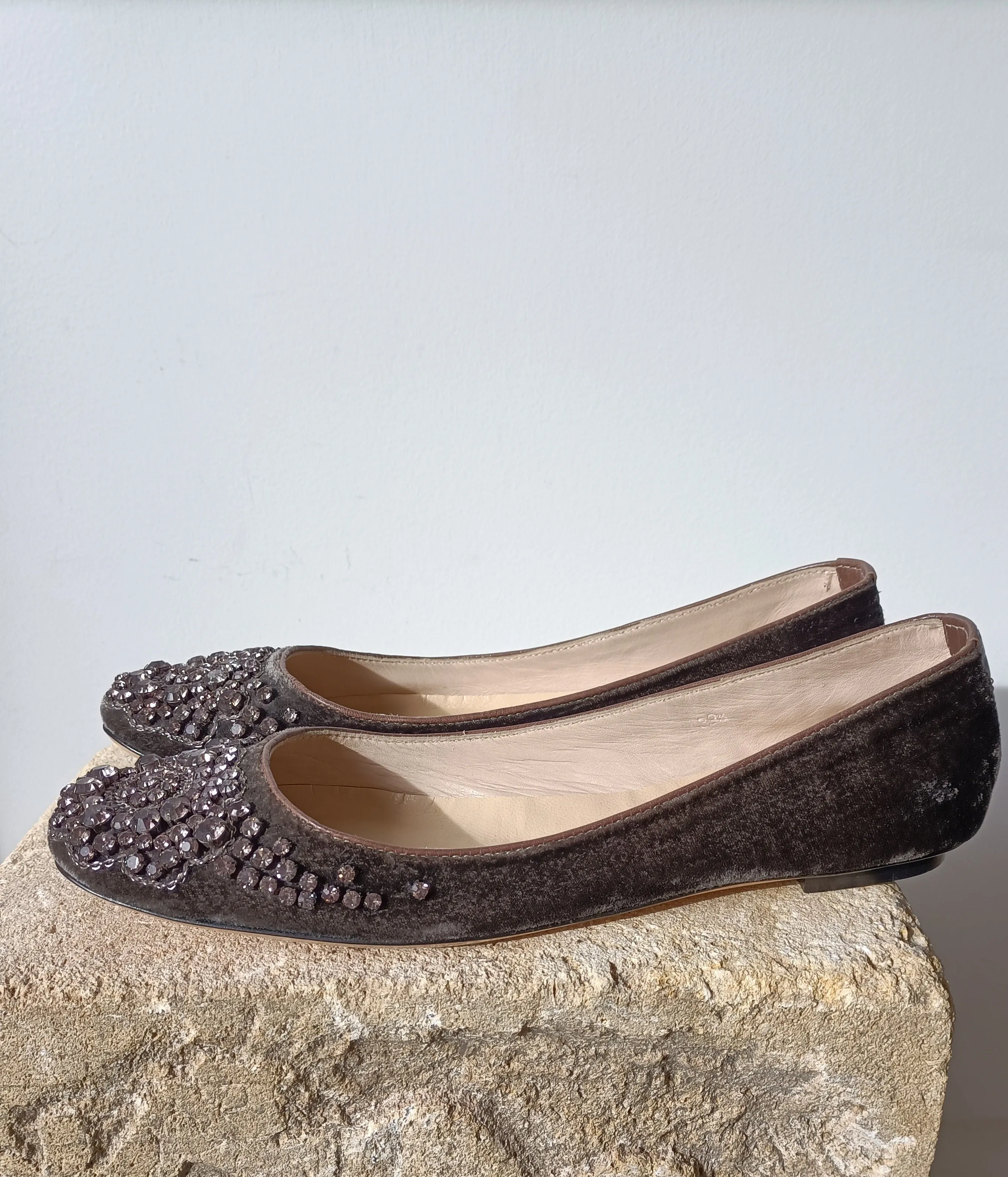 Emma Hope - Charcoal Velvet Jewelled Ballet Flats - Size 39.5