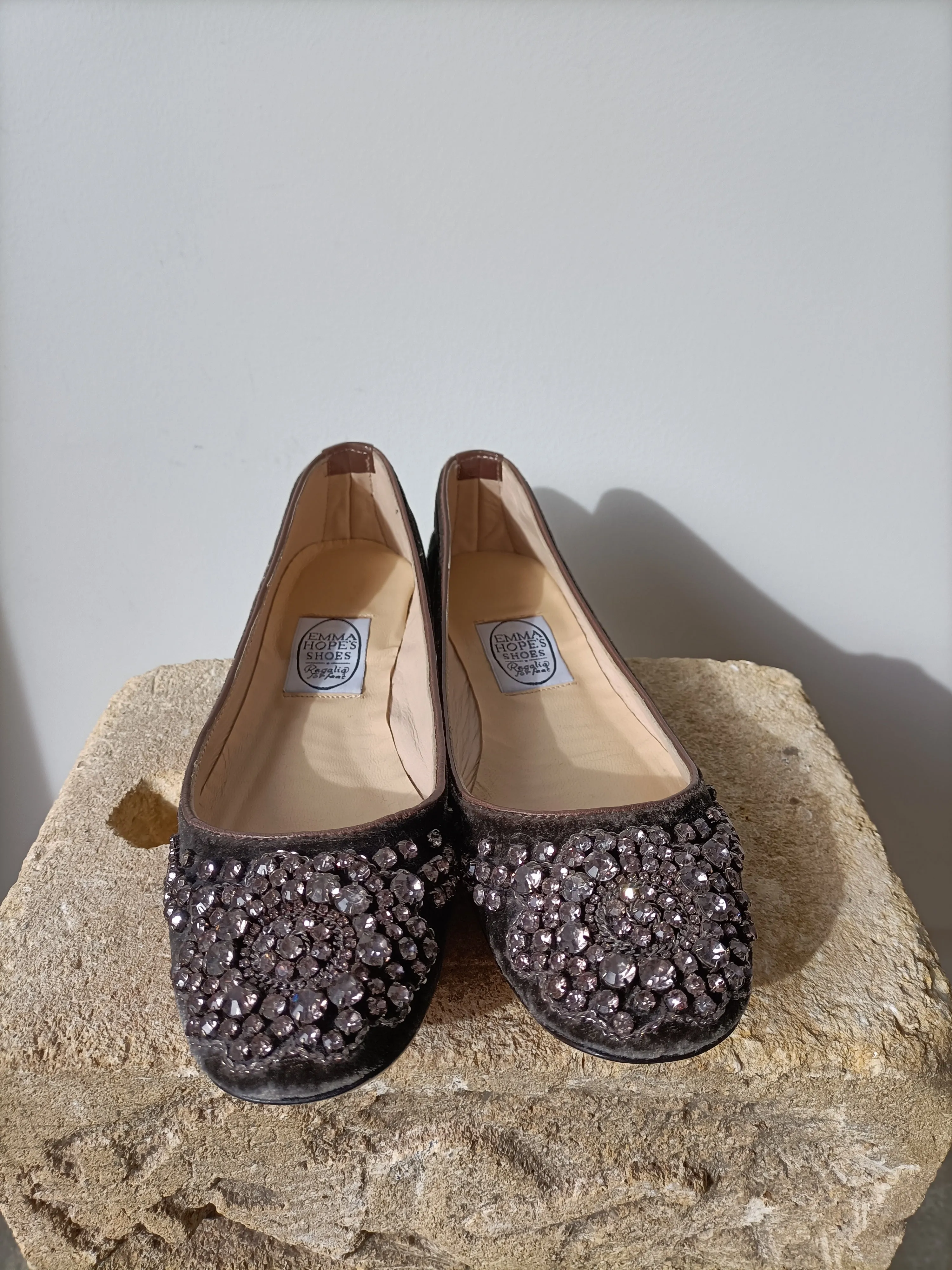 Emma Hope - Charcoal Velvet Jewelled Ballet Flats - Size 39.5